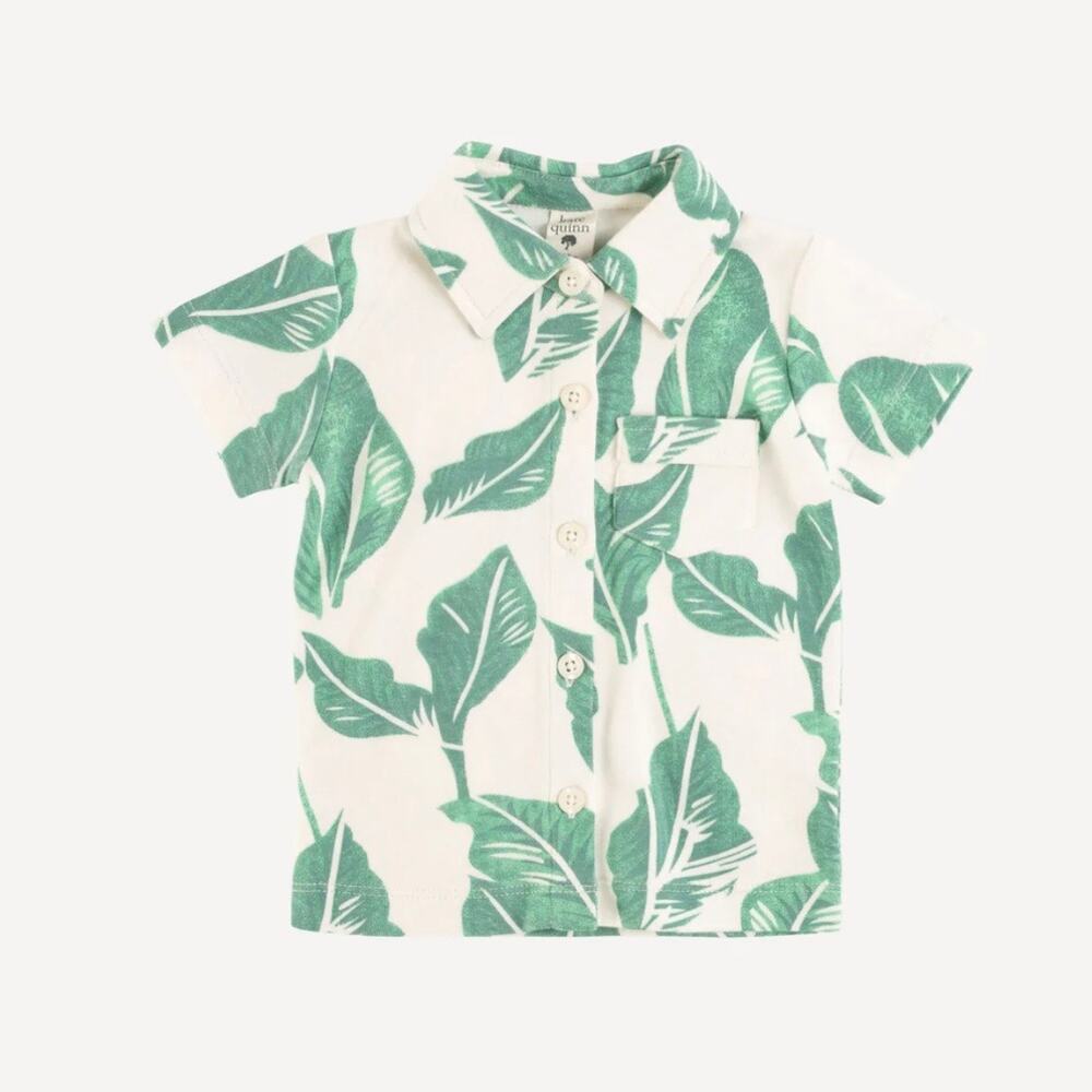 Kate Quinn Jade Leaf Short Sleeve Vintage Collar Button Down Top Size 3T Organic
